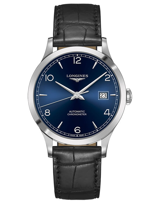 Longines Longines Record Collection L2.821.4.96.2  L28214962 механические мужские часы синий циферблат, браслет кожаный — вид спереди